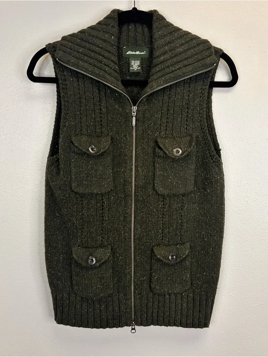 Dark Green Knit Zip-Up Vest Pockets Size M Cotton Angora Gorpcore Granola Hiking - Picture 1 of 9